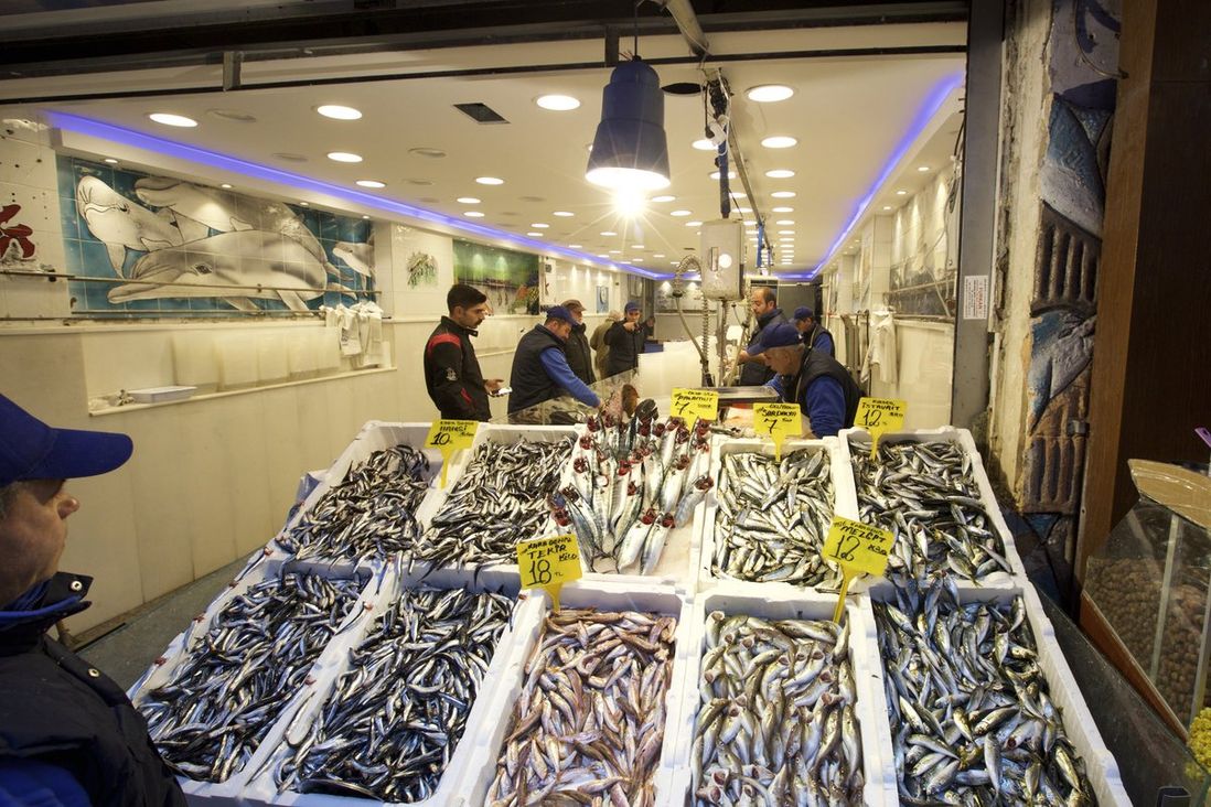 The fish markets offer the days haul fresh from the Bosphorus, particularly popular are the hami, anchovies.<br>